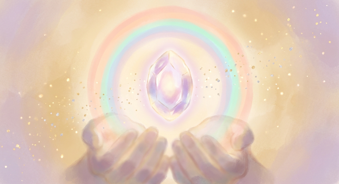 やさしい手の上に浮かぶ光り輝くクリスタルのイラスト