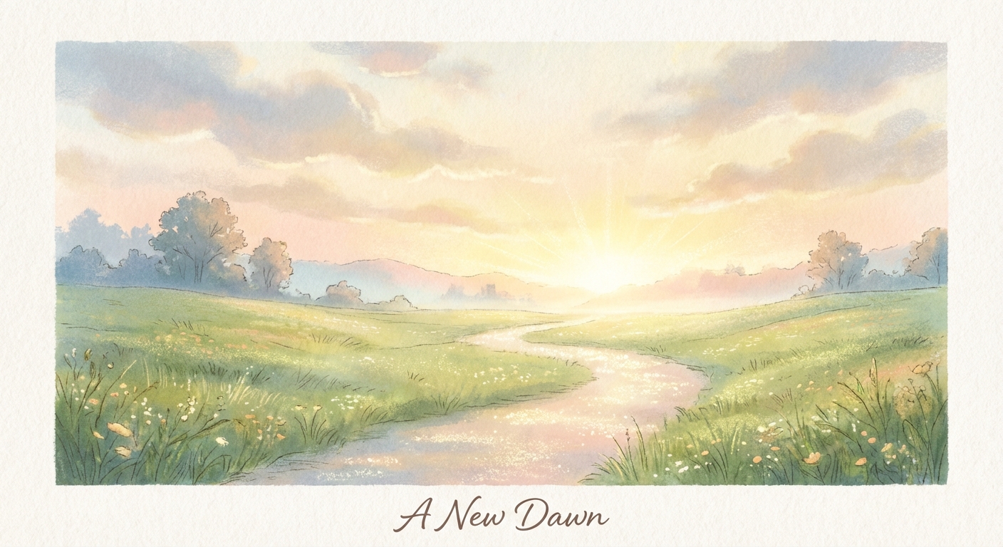 朝焼けの空と緑の草原に差し込む光のイラスト