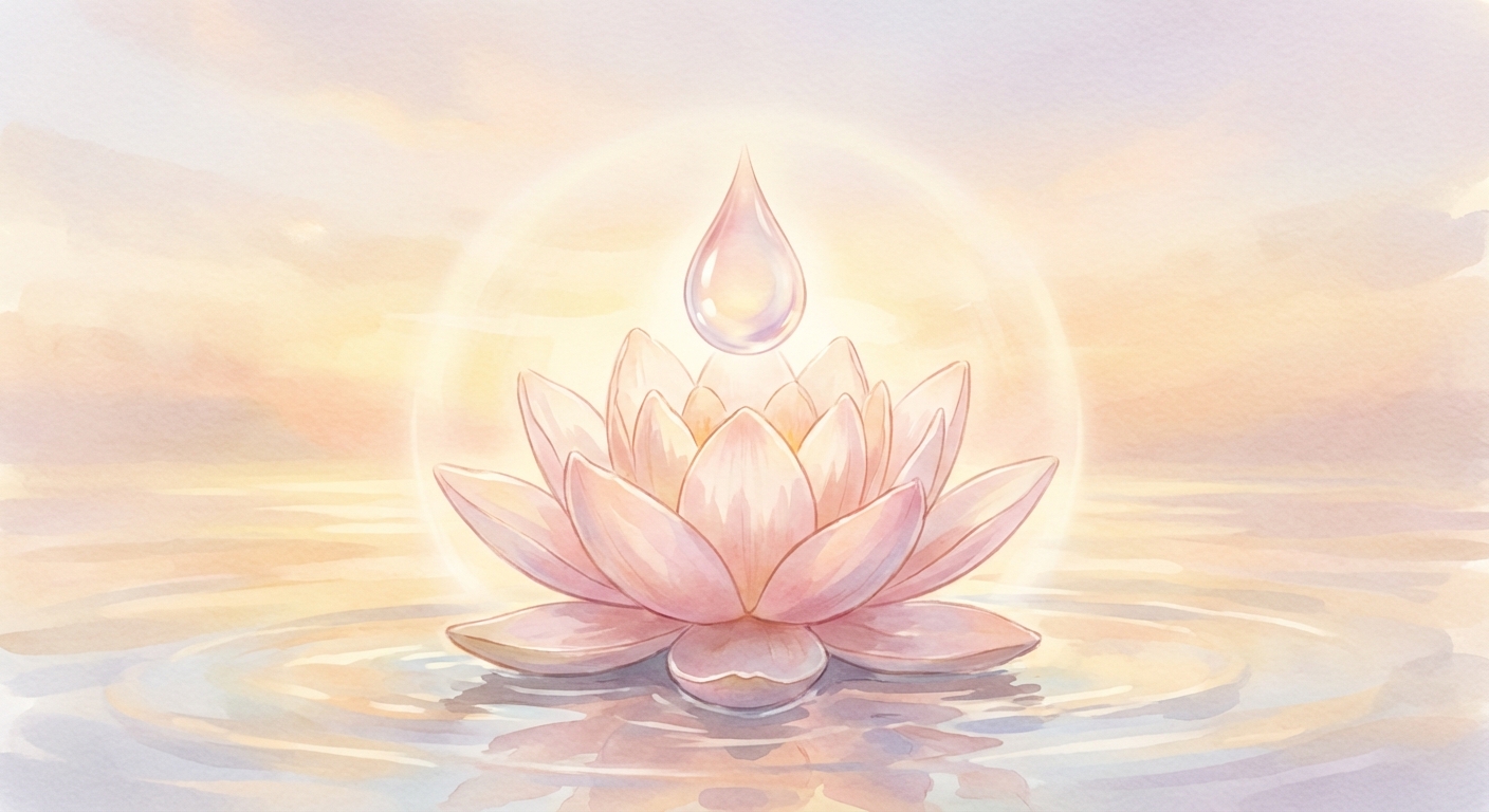 淡い光の中で蓮の花に落ちる朝露のイラスト