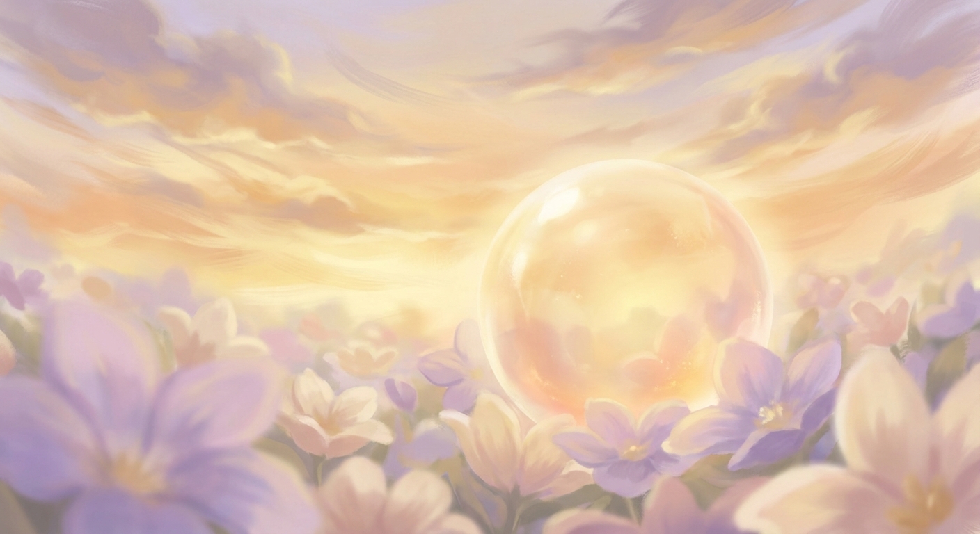 柔らかな花の中で優しく輝く光のイラスト