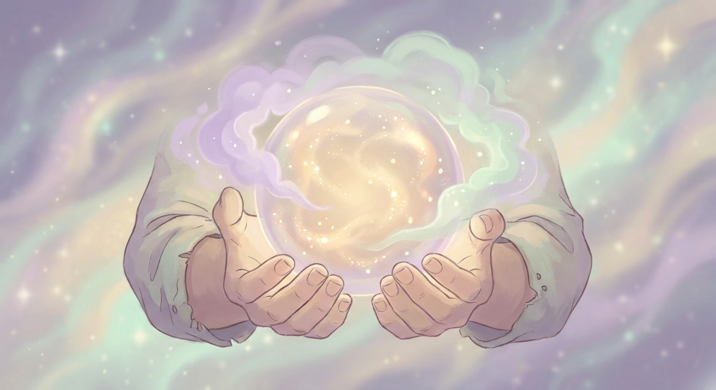 優しい手で光の球体を包み込む癒しのイラスト
