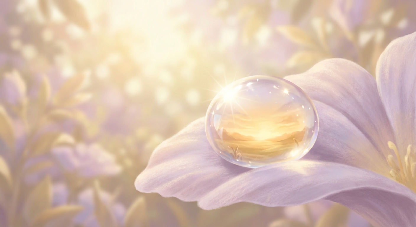 花びらに乗った朝露が黄金の光を反射するイラスト
