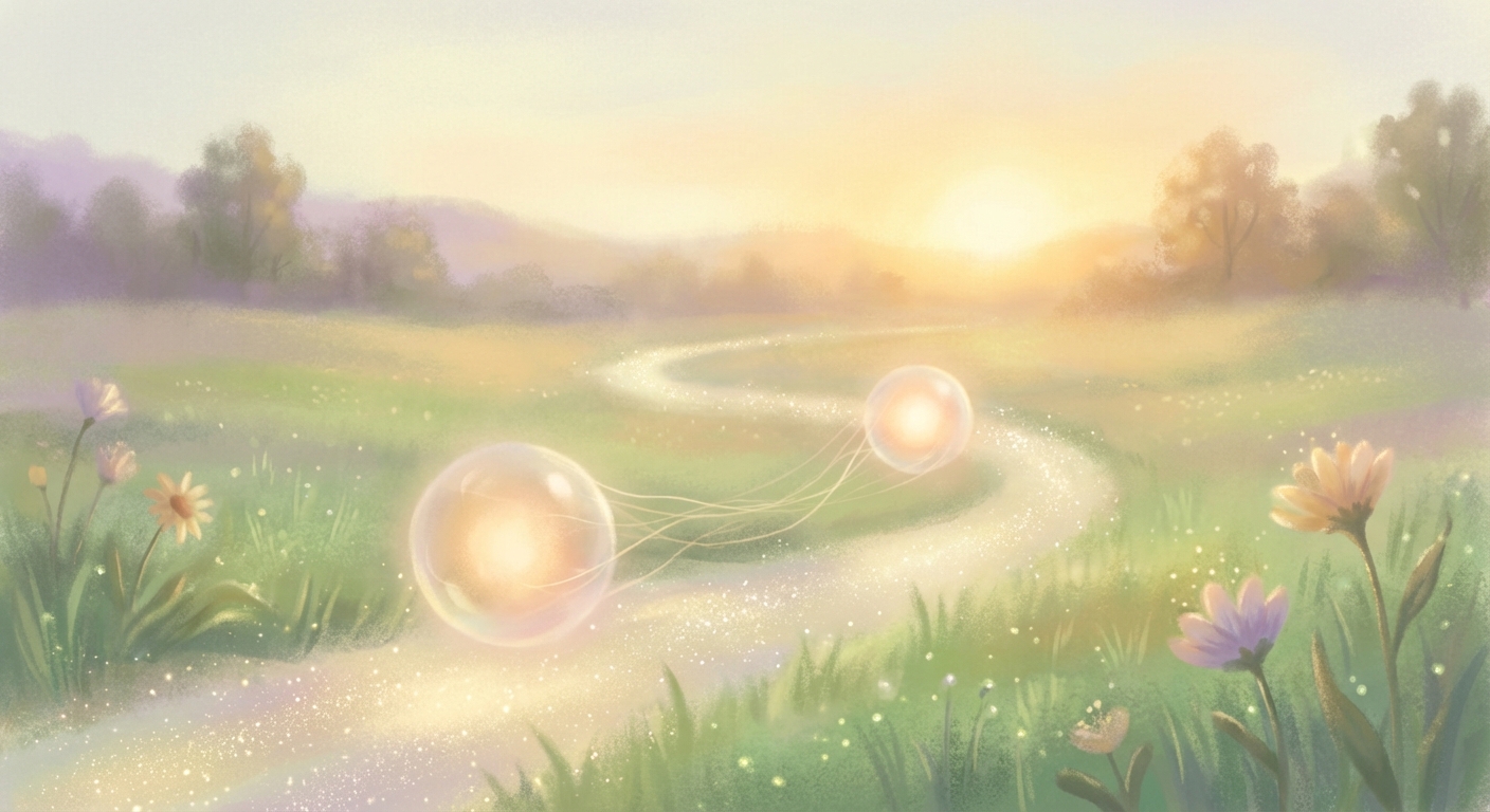 光の道で寄り添うように浮かぶ2つの光の玉のイラスト
