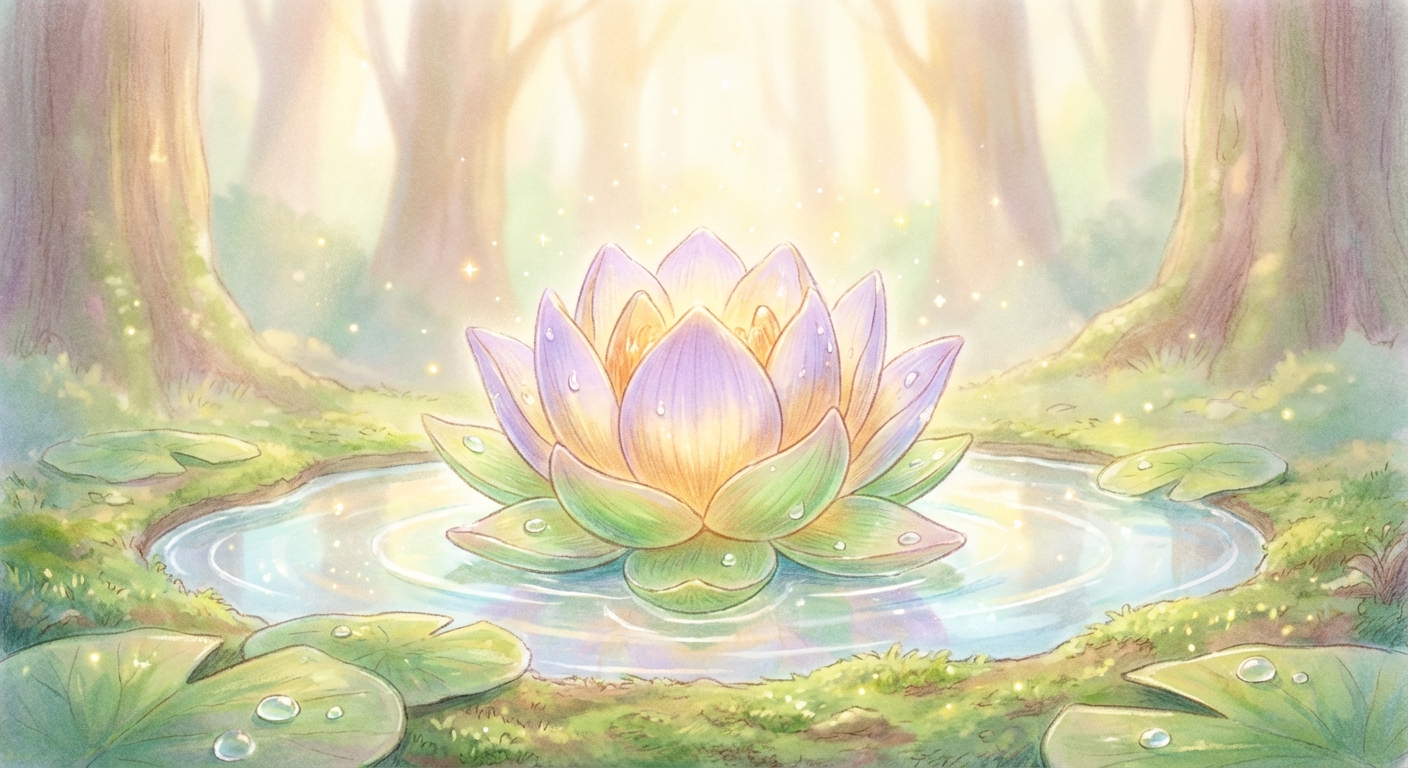 透き通った水面に咲く輝く蓮の花のイラスト