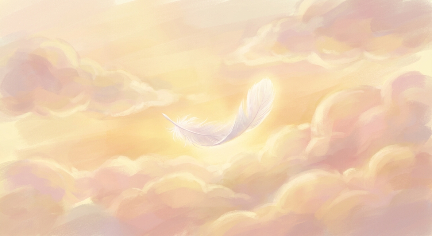 朝焼けの空にふわりと浮かぶ白い羽