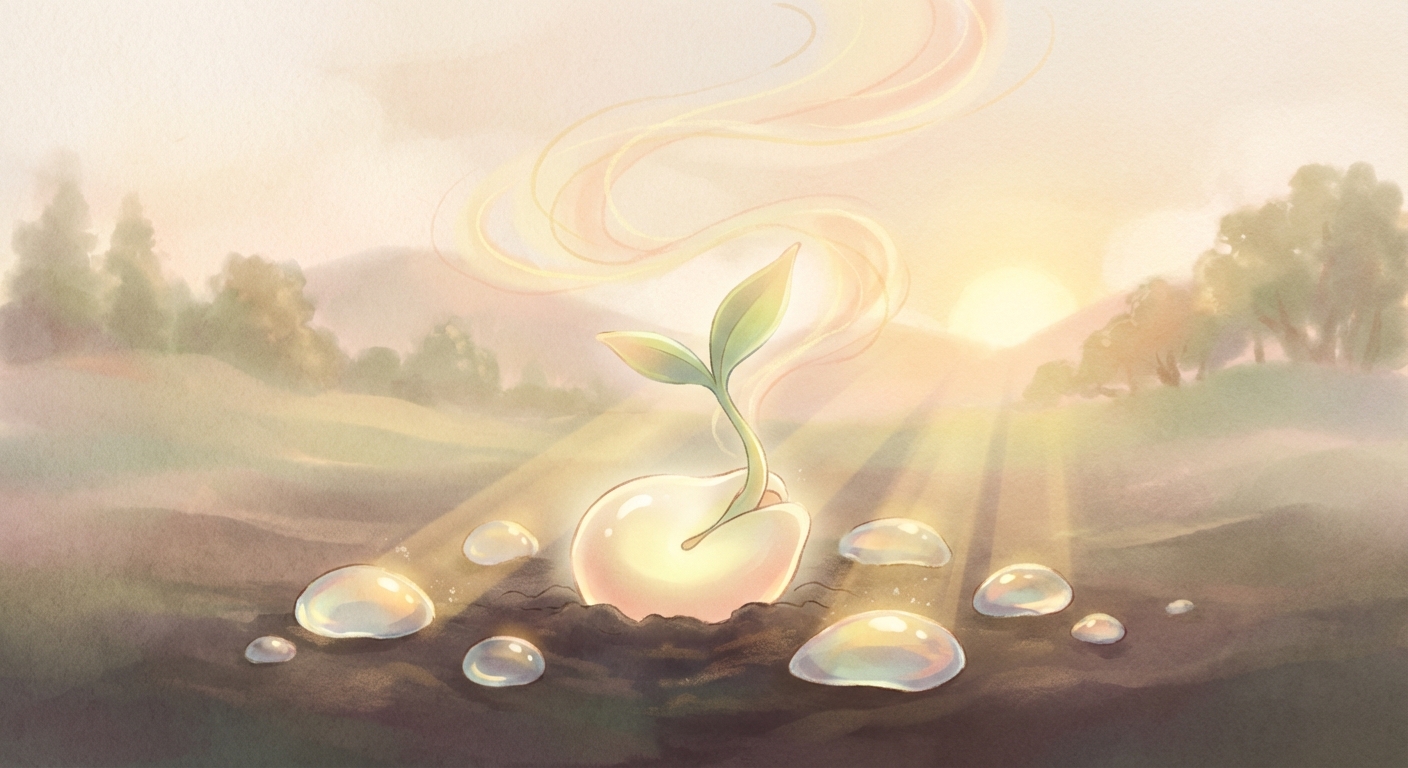 朝露の中で光を放ちながら芽吹く小さな種と光の粒のイラスト