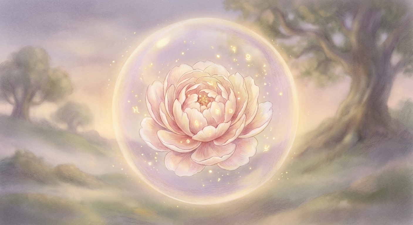 温かい金と薄紫の光に包まれて静かに咲く花のイラスト