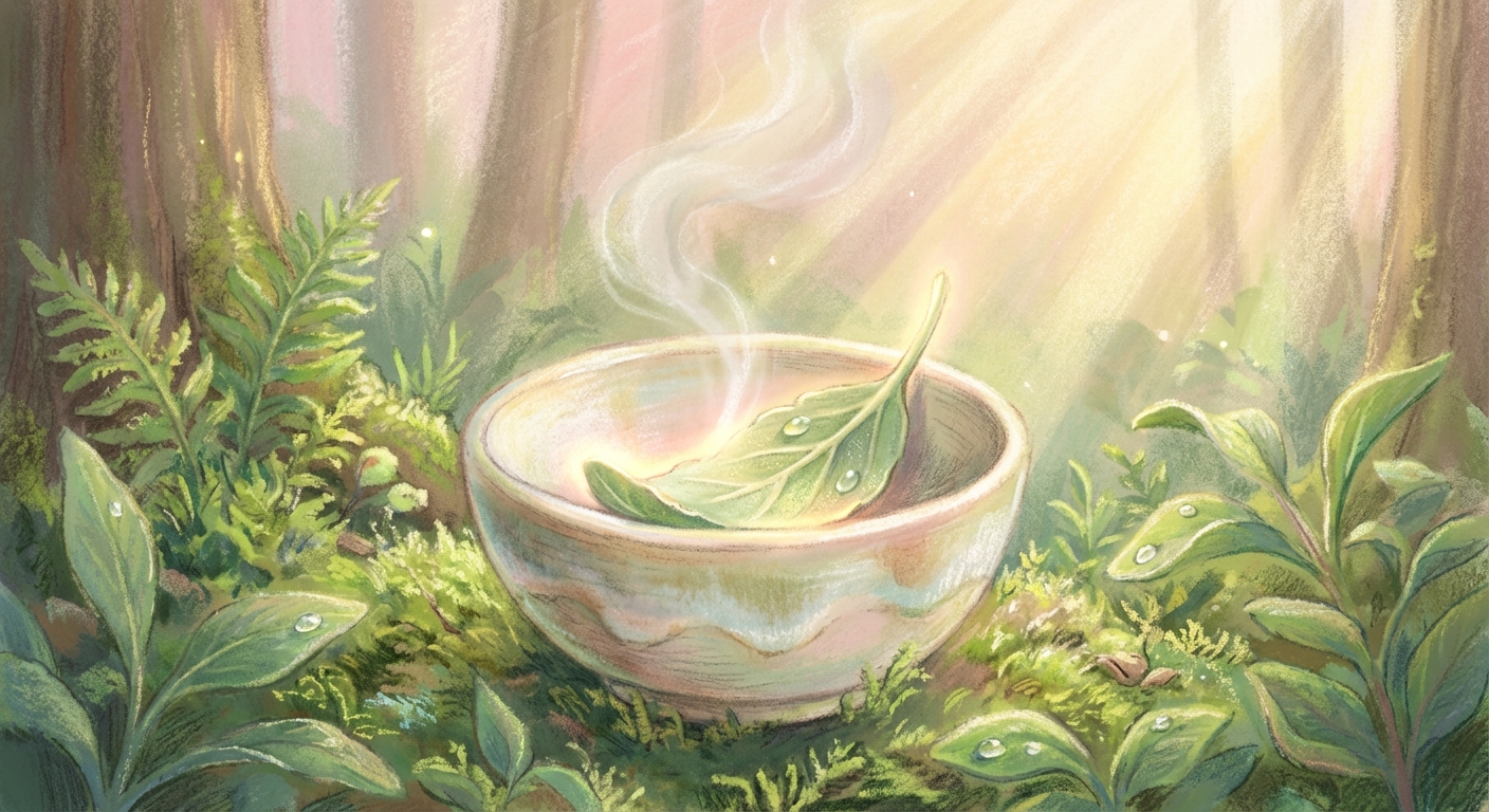 陶器の器に置かれたホワイトセージの葉と優しい光のイラスト